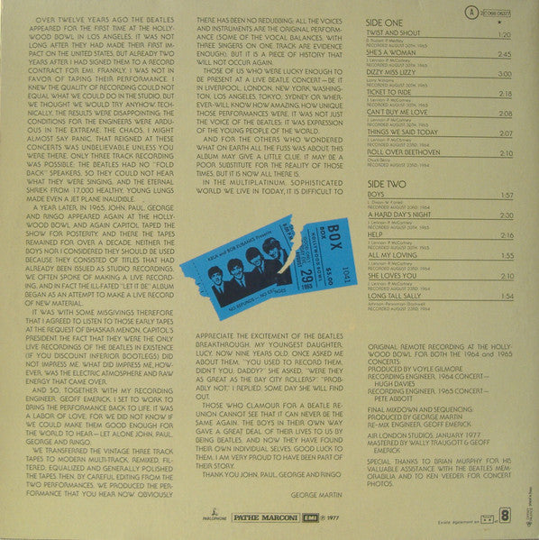 Image of Back Cover of 5144005S: LP - THE BEATLES, The Beatles At The Hollywood Bowl (Parlophone; 2C 068 06377, France 1977, Gatefold) Hairlines, edge wear  VG/VG