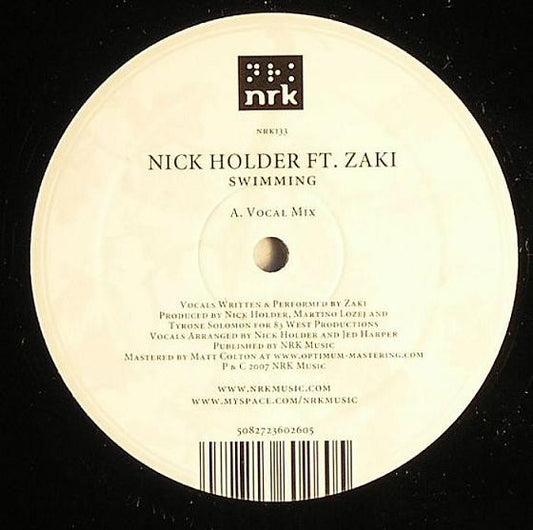 Image of Front Cover of 5144064S: 12" - NICK HOLDER FT. ZAKI, Swimming (NRK Sound Division ; NRK133, UK 2007, Die Cut Company Sleeve) original company sleeve. small tear top right front sleeve. one or two hairlines both sides - minor  VG/VG