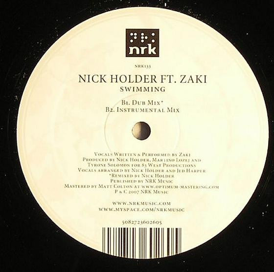 Image of Back Cover of 5144064S: 12" - NICK HOLDER FT. ZAKI, Swimming (NRK Sound Division ; NRK133, UK 2007, Die Cut Company Sleeve) original company sleeve. small tear top right front sleeve. one or two hairlines both sides - minor  VG/VG