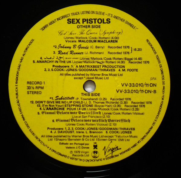 Image of Label Cover of 5024394E: 2xLP - SEX PISTOLS, The Great Rock 'N' Roll Swindle (Virgin; VV-33 010/11DN, Portugal 1979, Gatefold)   VG/VG