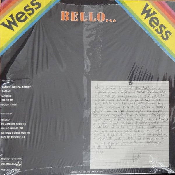 Image of Back Cover of 5144080S: LP - WESS*, Bello... (Durium; Ms AI 77389, Italy 1977) Strong VG sleeve, 5cm seam split to top edge and light general wear.  VG/VG+