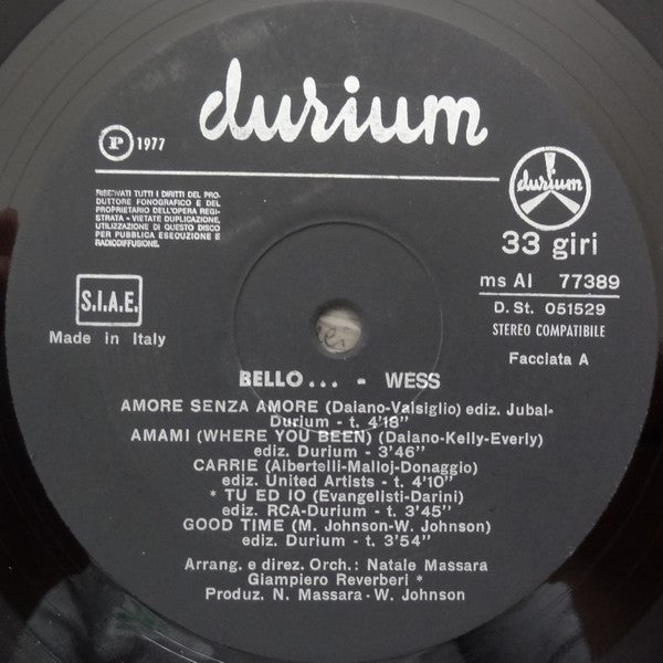 Image of Label Cover of 5144080S: LP - WESS*, Bello... (Durium; Ms AI 77389, Italy 1977) Strong VG sleeve, 5cm seam split to top edge and light general wear.  VG/VG+