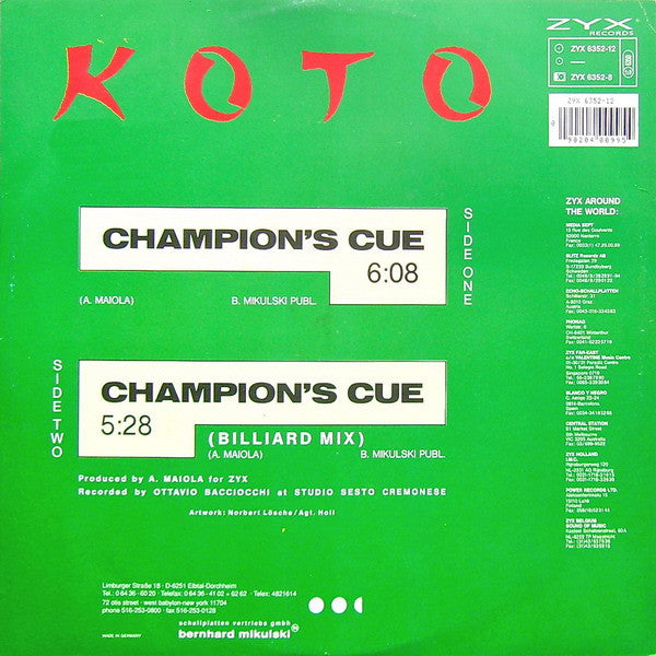 Image of Back Cover of 5124033E: LP - KOTO, Champion's Cue (ZYX Records; ZYX 6352-12, Germany 1990)   VG/VG