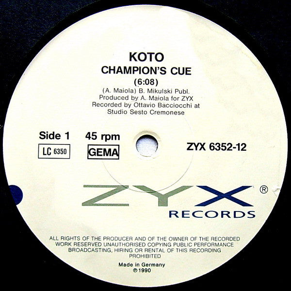 Image of Label Cover of 5124033E: LP - KOTO, Champion's Cue (ZYX Records; ZYX 6352-12, Germany 1990)   VG/VG