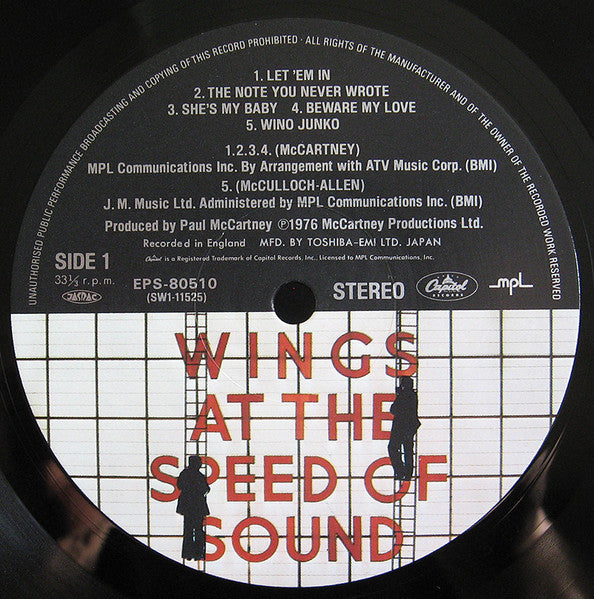 Image of Label Cover of 5144011S: LP - WINGS, Wings At The Speed Of Sound (MPL; EPS-80510, Japan 1976, Pasteback Sleeve, Inner & Insert, No Obi, Lyric insert only) Edge wear, top edge split but still together, no obi, no company ad insert  G+/VG+