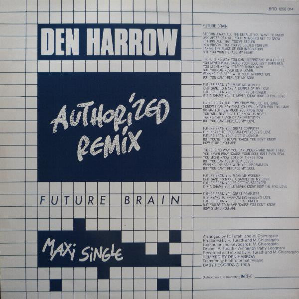 Image of Back Cover of 5124038E: LP - DEN HARROW, Future Brain (Authorized Remix) (Baby Records; BRD 1250014, Belgium 1985)   VG/G+