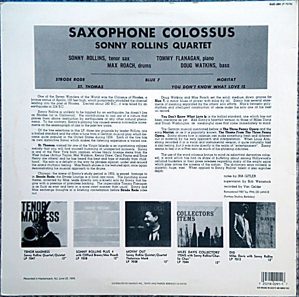 Image of Back Cover of 5124023E: LP - SONNY ROLLINS, Saxophone Colossus (Original Jazz Classics ; OJC-291, US 1987)   VG/VG