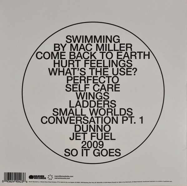 Image of Back Cover of 2xLP - VG+/VG+ - MAC MILLER, Swimming (Warner Records; 571455-1, USA & Europe 2019 Reissue, Insert), Sleeve has very minor creasing to top R but looks good. Discs have one or two of the lightest hairlines but nothing that affects play,  - 2526481E