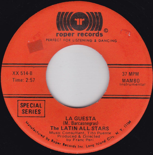 Image of Back Cover of 5124058E: 7" - THE LATIN ALL STARS, Complication / La Guesta (Roper Records; XX-514, US ) Light marks.  /VG