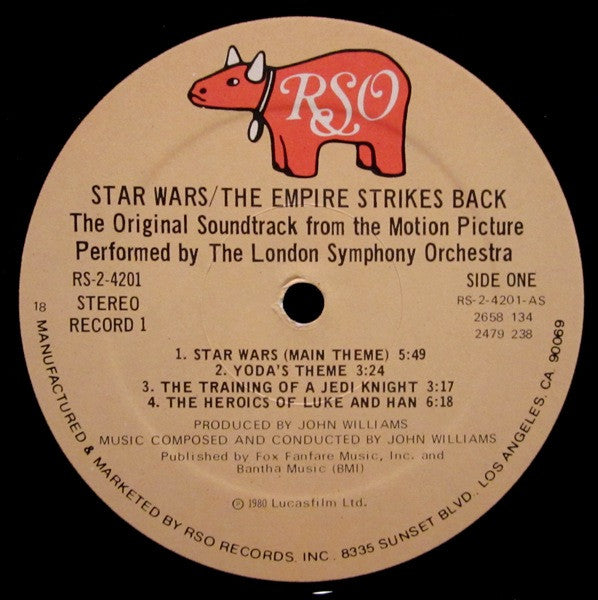 Image of Label Cover of 5114196C: LP - JOHN WILLIAMS (4), THE LONDON SYMPHONY ORCHESTRA, Star Wars / The Empire Strikes Back (RSO; RS-2-4201, US 1980, Gatefold) Ring Wear, Light marks only  VG/VG