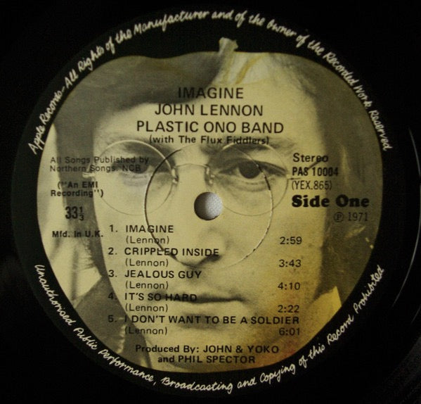 Image of Label Cover of 5114228C: LP - JOHN LENNON, Imagine (Apple Records; PAS 10004, UK 1980s Reissue, Non Laminated Sleeve, Poster & Postcard, YEX865-3/YEX866-2) Two light cosmetic marks on A1, does not effect play.  VG+/VG