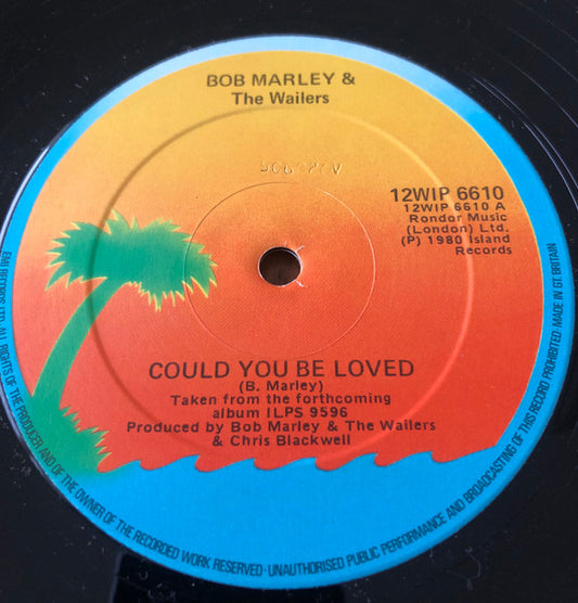 Image of Front Cover of 5144074S: 12" - BOB MARLEY & THE WAILERS, Could You Be Loved / One Drop / Ride Natty Ride (Island Records; 12WIP 6610, Ireland 1980, Company Sleeve)   VG+/VG+