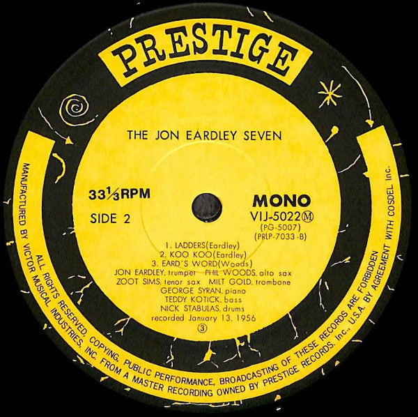 Image of Label Cover of 5144185S: LP - JON EARDLEY, The Jon Eardley Seven (Prestige; VIJ-5022M, Japan 1977, Pasteback Sleeve, Insert, NO OBI STRIP) NO OBI STRIP.  VG+/VG+