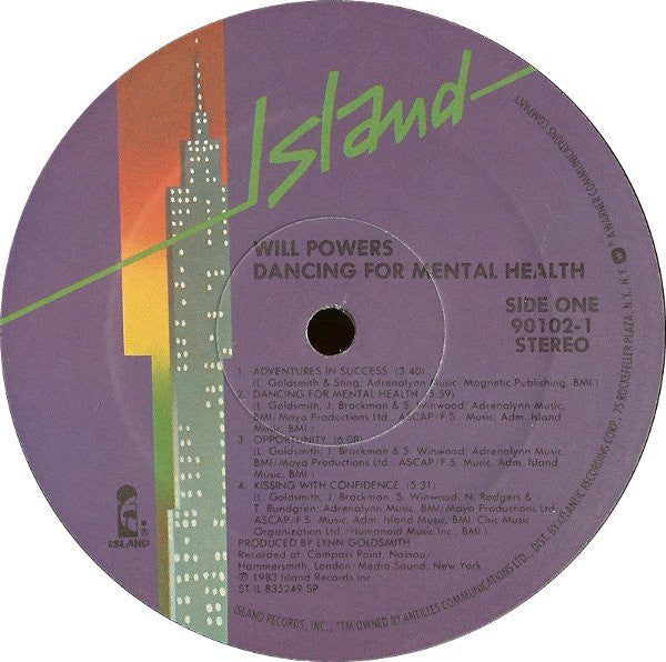 Image of Label Cover of 5144180S: LP - WILL POWERS, Dancing For Mental Health (Island Records; 90102-1, US 1983) Edge and Ring Wear, Large Promo Sticker On Front Sleeve  G+/VG