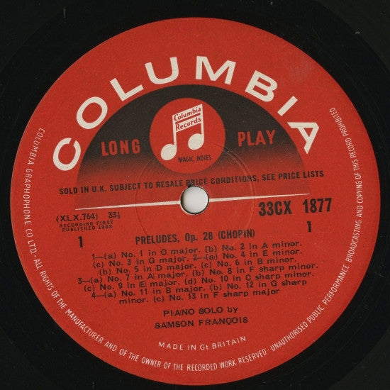 Image of Label Cover of 5024251E: LP - SAMSON FRAN OIS, Chopin: 24 Preludes (Columbia Red With Dark Semi Circle Notes Logo; 33 CX 1877, UK 1963, Laminated Flipback Sleeve) Strong VG, Company Inner, Company Insert  VG+/VG