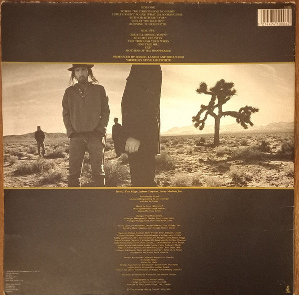 Image of Back Cover of 5144227S: LP - U2, The Joshua Tree (Island Records; U26, UK 1980s Reissue, Gatefold, Insert, EMI Pressing,  9 lines Thanks credits on back, no Special Thanks, later version with a credit "Additional Rhythm Guitar : Daniel Lanois") Edge Wear, sticker residue  VG/VG+