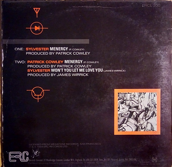 Image of Back Cover of 5114369C: 12" - SYLVESTER, Menergy (ERC Records; ERCL 200, UK 1984, Picture Sleeve) Sleeve has shrink-wrap stuck to sleeve; evidence of liquid damage at corner  VG/VG+