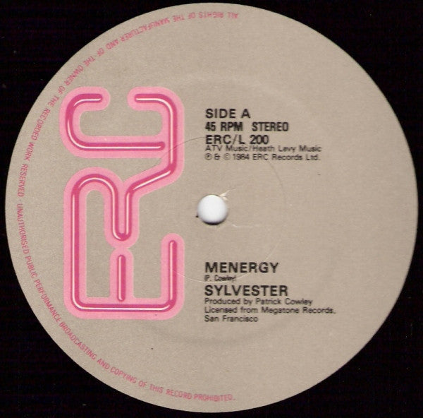 Image of Label Cover of 5114369C: 12" - SYLVESTER, Menergy (ERC Records; ERCL 200, UK 1984, Picture Sleeve) Sleeve has shrink-wrap stuck to sleeve; evidence of liquid damage at corner  VG/VG+