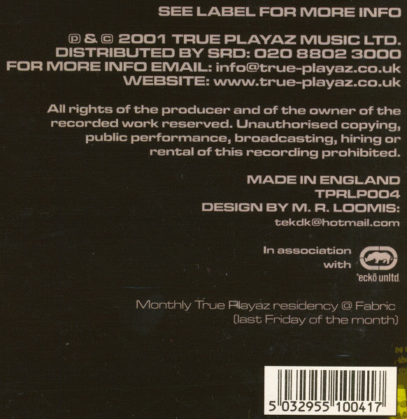 Image of Back Cover of 5144271S: 6x12" - DJ HYPE, Playaz4Real (True Playaz; TPRLP004, UK 2001) All discs present. Sleeve disintegrating, extremely heavy corner wear, creasing, large rip to opening, other splits. Each record covered in surface hairlines. Some closer to G+. No feelable marks.  F/G