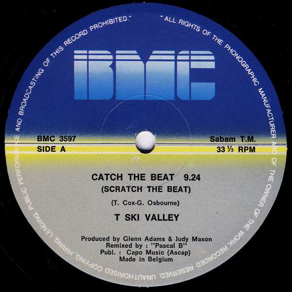 Image of Back Cover of 5114459C: 12" - T-SKI VALLEY, Catch The Beat (Scratch The Beat) (BMC; BMC 3597, Belgium 1984, Picture Sleeve) Sleeve worn with stains, creases and old stickers on it  G+/G+