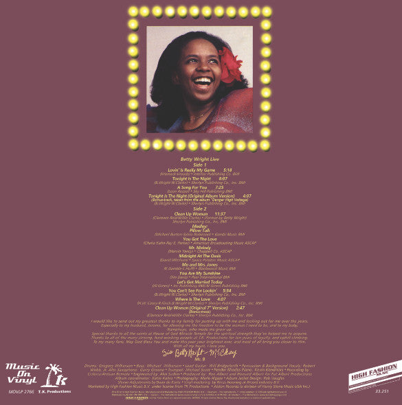 Image of Back Cover of 5124283E: LP - BETTY WRIGHT, Betty Wright Live (High Fashion Music; 33.251, Europe 2020 Reissue, Limited Edition, Numbered, Translucent Yellow, 180 gram)   VG+/VG+