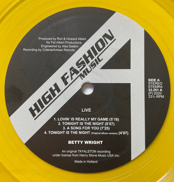 Image of Label Cover of 5124283E: LP - BETTY WRIGHT, Betty Wright Live (High Fashion Music; 33.251, Europe 2020 Reissue, Limited Edition, Numbered, Translucent Yellow, 180 gram)   VG+/VG+