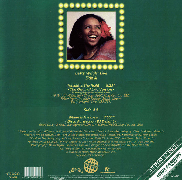 Image of Back Cover of 5124284E: 12" - BETTY WRIGHT, Tonight Is The Night "Live" (High Fashion Music; MS 495, Europe 2020) crease on sleeve. light marks on vinyl.   VG/VG