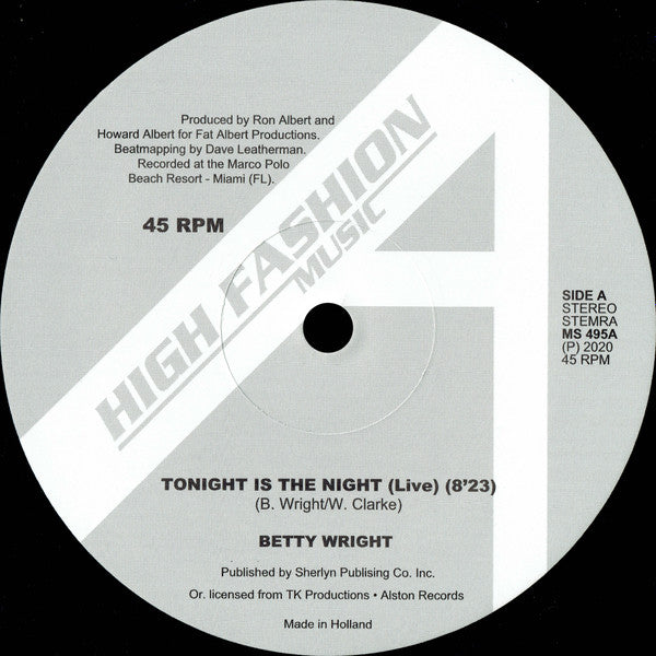 Image of Label Cover of 5124284E: 12" - BETTY WRIGHT, Tonight Is The Night "Live" (High Fashion Music; MS 495, Europe 2020) crease on sleeve. light marks on vinyl.   VG/VG