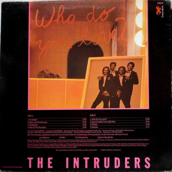 Image of Back Cover of 5114464C: LP - THE INTRUDERS, Who Do You Love? (Streetwave; MKL 6, UK 1985) Sleeve slightly wavy from water damage; wear at corners and a split at top edge from opening. Scuffs too  G+/VG