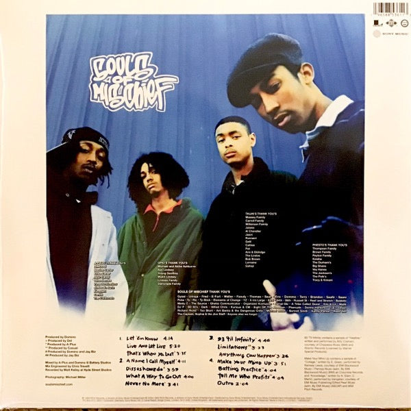 Image of Back Cover of 2xLP - NEW/NEW - SOULS OF MISCHIEF, 93 'Til Infinity (Legacy; 19658853611, Europe 2024 Reissue, Orange Vinyl), , "93 'Til Infinity" by Souls of Mischief is a classic hip-hop album, released in 1993. The album showcases the group's witty lyricism, smooth flows, and jazzy beats. The title track, "93 'Til Infinity," is a timeless anthem that epitomizes the golden age of hip-hop. The album also features tracks like "That's When Ya Lost" and "Never No More" that showcase the group's storyt