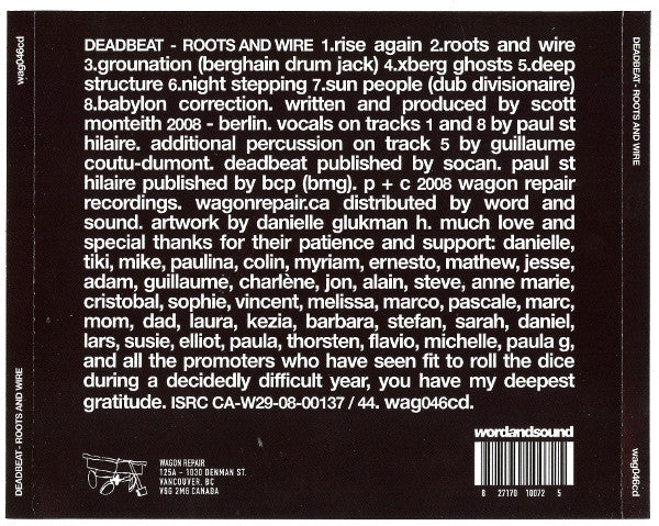 Image of Back Cover of 5134201E: CD - DEADBEAT, Roots And Wire (Wagon Repair ; wag046cd, Canada 2008, Jewel Case, Inner)   VG+/VG+