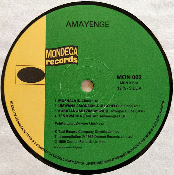 Image of Label Cover of LP - VG/VG - AMAYENGE, Amayenge (Mondeca Records; MON 003, UK 1989, Picture Sleeve), Strong VG, light marks only. Minor ring wear to sleeve.,  - 3726099E