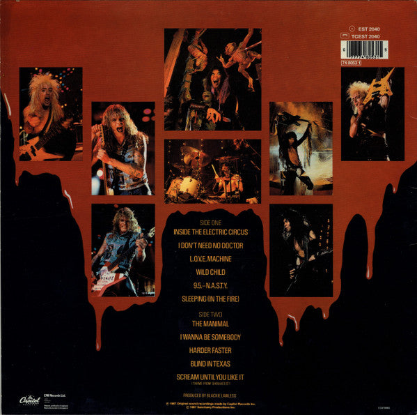 Image of Back Cover of 5144345S: LP - WASP, Live... In The Raw (Capitol Records; EST 2040, UK 1987)   VG/VG