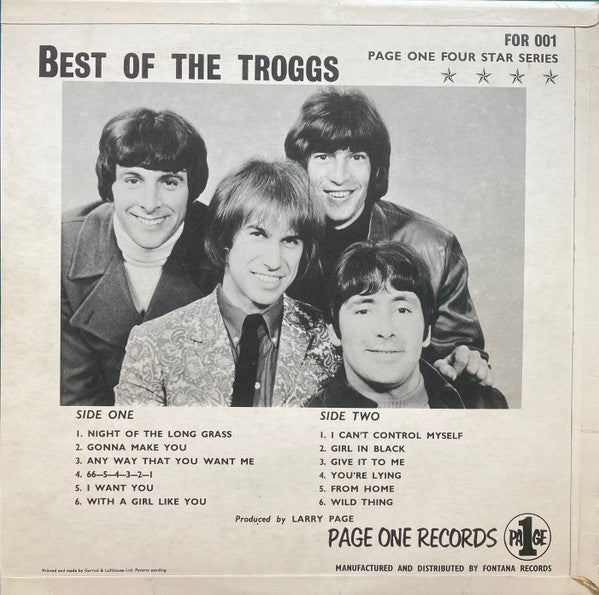 Image of Back Cover of LP - VG/G+ - THE TROGGS, Best Of (Page One; FOR 001, UK 1967, Laminated Flipback Sleeve, Mono), Hairlines & scuffs, laminate creases, writing on back cover,  - 2346021S