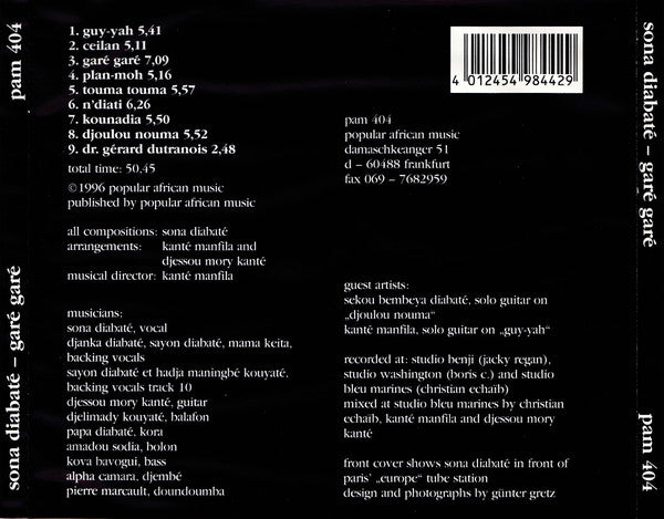 Image of Back Cover of 5134229E: CD - SONA DIABAT , Gar  Gar  (Popular African Music ; pam 404, Germany 1996, Jewel Case, Inner)   VG+/VG+