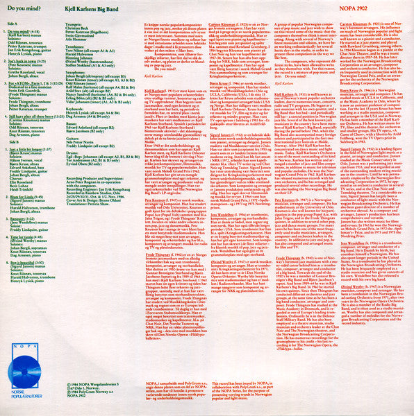 Image of Back Cover of 5144332S: LP - KJELL KARLSEN BIG BAND, Do You Mind? (NOPA; NOPA 2902, Norway 1984)   VG/VG+