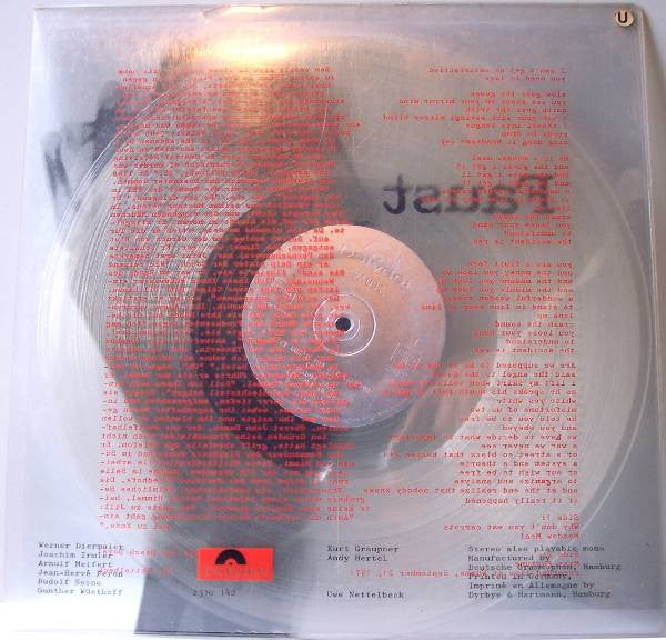 Image of Back Cover of 5124393E: LP - FAUST, Faust (Polydor; 2310 142, Germany 1971, Clear Plastic Sleeve, Clear Plastic  Insert, Clear Vinyl) Sticker Damage To Label, Discolouration To Edges Of Vinyl  VG/VG