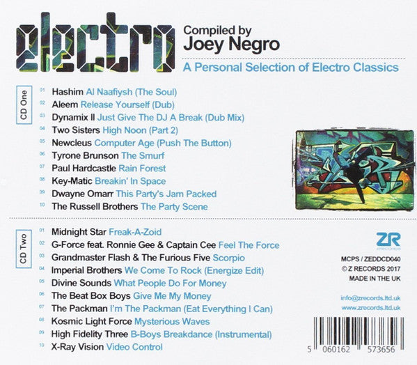 Image of Back Cover of 5134217E: 2xCD - VARIOUS, Electro (A Personal Selection Of Electro Classics) (Z Records; ZEDDCD040, UK 2017, Jewel Case, Inner)   EX/EX