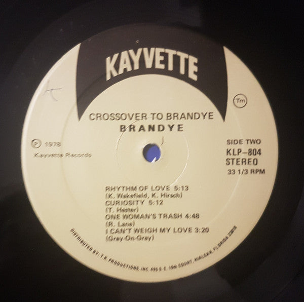 Image of Back Cover of 5244031S: LP - BRANDYE, Crossover To Brandye (Kayvette; 804, US 1978) Light marks on disc. Light edgewear, corner freying, creasing, small writing on rear of sleeve, but all still intact.   G+/VG