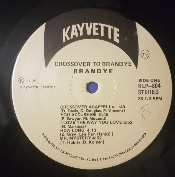 Image of Label Cover of 5244031S: LP - BRANDYE, Crossover To Brandye (Kayvette; 804, US 1978) Light marks on disc. Light edgewear, corner freying, creasing, small writing on rear of sleeve, but all still intact.   G+/VG