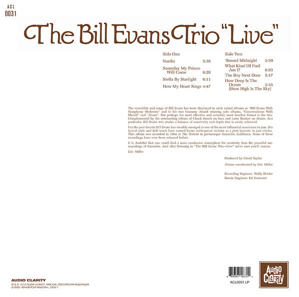 Image of Back Cover of 5244032S: LP - THE BILL EVANS TRIO, "Live" (Audio Clarity; ACL0031, Europe 2019, Unofficial)   VG+/VG+