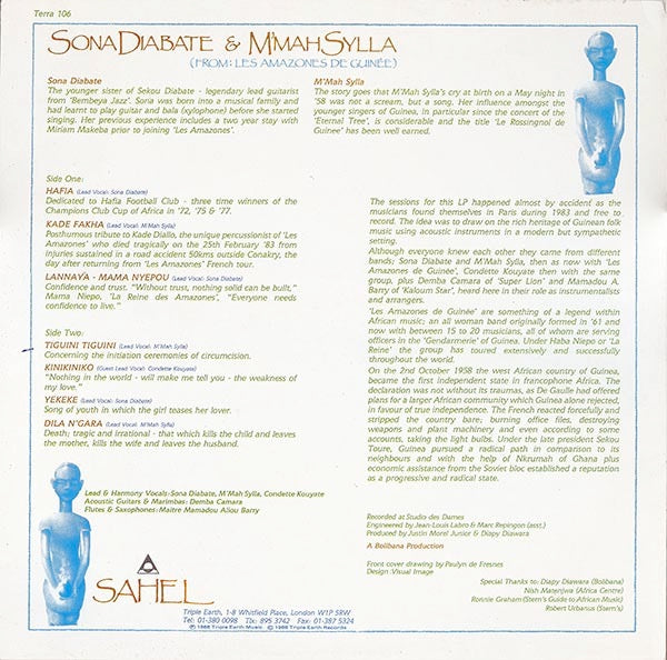 Image of Back Cover of LP - VG+/VG+ - SONA DIABATE & M'MAH SYLLA, Sahel (Triple Earth; Terra 106, UK 1988), ,  - 4216415C