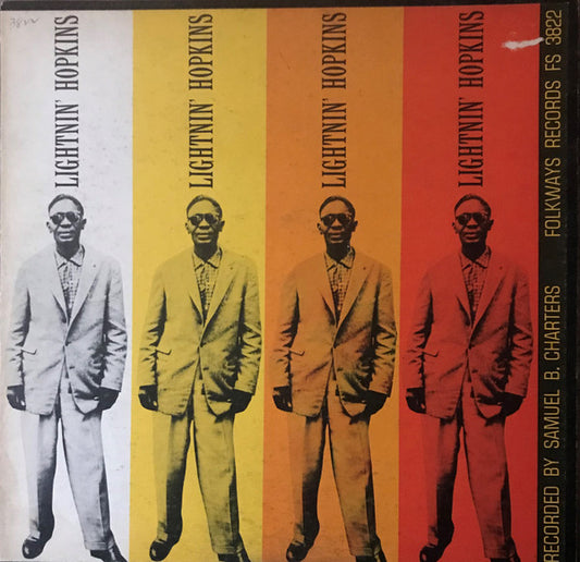 Image of Front Cover of 5244062S: LP - LIGHTNIN' HOPKINS, Lightnin' Hopkins (Folkways Records; FS 3822, US 1959, Textured Pasteback Sleeve, 4 page folded insert, 1st pressing with original label address of 117 W. 46 St., N.Y.C., Deep groove blue labels with silver printing) Lots of small scratches and scuffs, cover is in good shape with all 3 seams worn but intact, booklet is included plus small folkways order form  VG/G