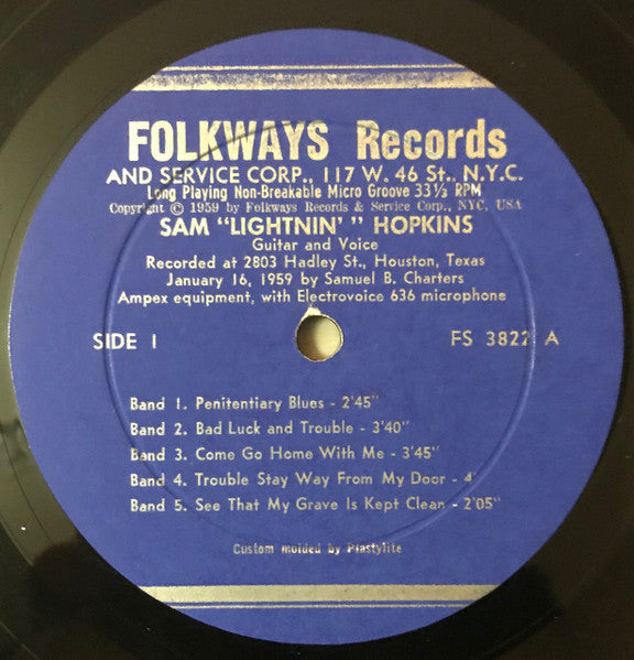 Image of Label Cover of 5244062S: LP - LIGHTNIN' HOPKINS, Lightnin' Hopkins (Folkways Records; FS 3822, US 1959, Textured Pasteback Sleeve, 4 page folded insert, 1st pressing with original label address of 117 W. 46 St., N.Y.C., Deep groove blue labels with silver printing) Lots of small scratches and scuffs, cover is in good shape with all 3 seams worn but intact, booklet is included plus small folkways order form  VG/G