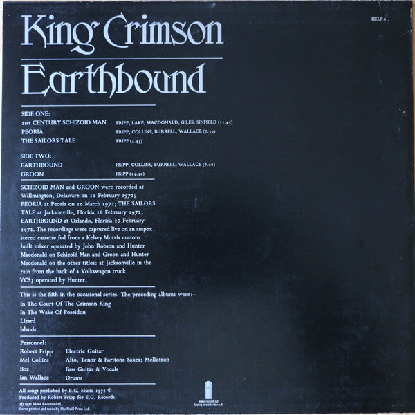Image of Back Cover of 4645256S: LP - KING CRIMSON, Earthbound (Island Pink/i logo; HELP 6, UK 1972, Black Inner, MacDonald on sleeve and label - Misprint) Surface marks, hairlines. Ring and edge wear.  VG/VG
