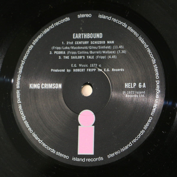 Image of Label Cover of LP - VG/VG+ - KING CRIMSON, Earthbound (Island Pink/i logo; HELP 6, UK 1972, Black Inner, MacDonald on sleeve and label - Misprint), Ring Wear,  - 2826215E