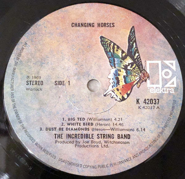 Image of Label Cover of LP - VG/EX - THE INCREDIBLE STRING BAND, Changing Horses (Elektra; K 42037, UK 1970s Reissue, Gatefold), Sticker Damage To Sleeve,  - 3026134E