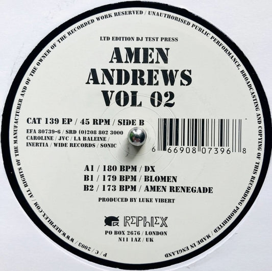 Image of Front Cover of 12" - /VG - AMEN ANDREWS, Vol 02 (Rephlex; CAT 139 EP, UK 2003), few light storage marks - minor, A1	DX	B1	Blomen	B2	Amen RenegadeLuke Vibert doing ridiculous jungle mash up riddims. - 2446047S