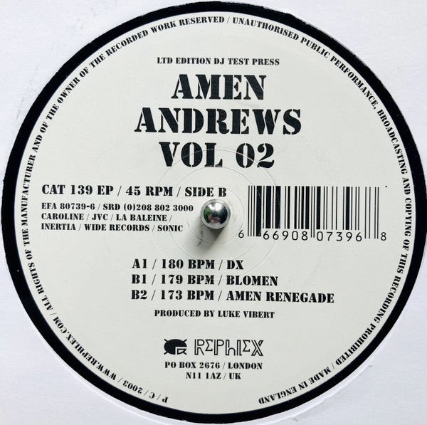 Image of Front Cover of 12" - /VG - AMEN ANDREWS, Vol 02 (Rephlex; CAT 139 EP, UK 2003), few light storage marks - minor, A1	DX	B1	Blomen	B2	Amen RenegadeLuke Vibert doing ridiculous jungle mash up riddims. - 2446047S