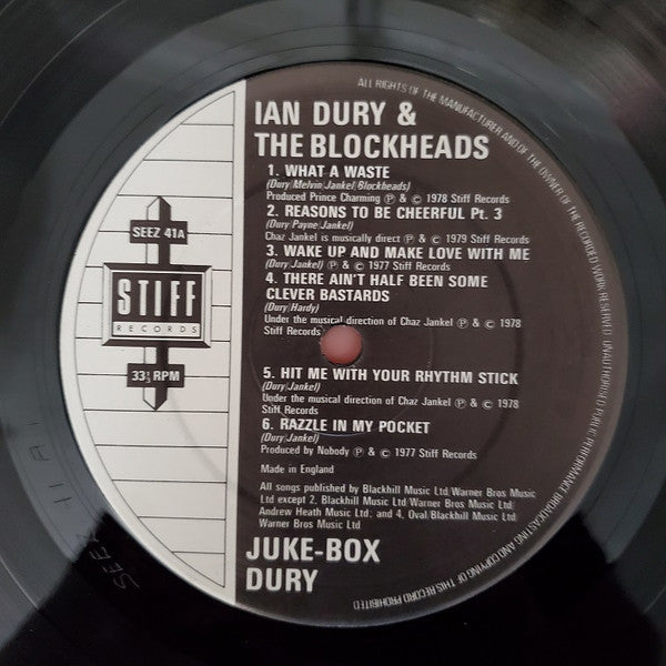 Image of Label Cover of LP - VG+/VG - IAN DURY AND THE BLOCKHEADS, Jukebox Dury (Stiff Records; Seez41, UK 1981), ,  - 3626283E